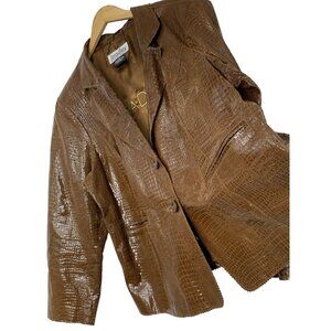 Bradley Bayou Brown Croc-Embossed  Shiny Leather Blazer Jacket 2X EUC 8165
